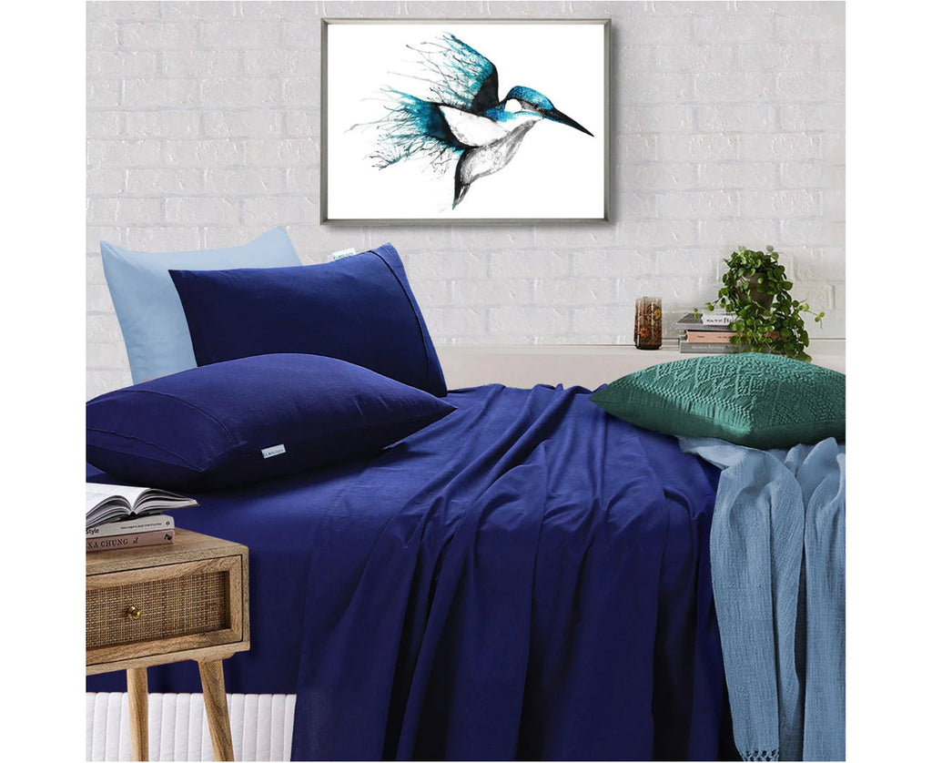 NNEDSZ Elan Linen 100% Egyptian Cotton Vintage Washed 500TC Navy Blue Single Bed Sheets Set
