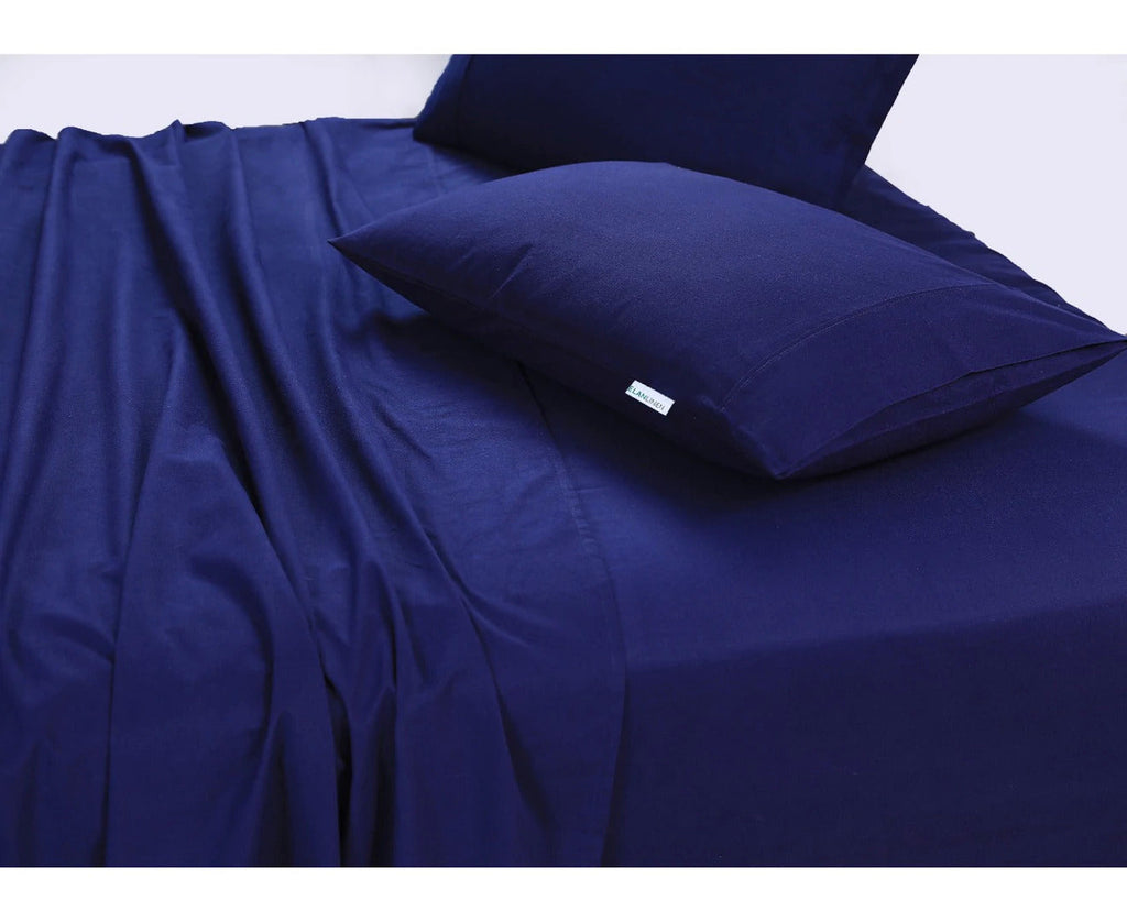 NNEDSZ Elan Linen 100% Egyptian Cotton Vintage Washed 500TC Navy Blue Single Bed Sheets Set
